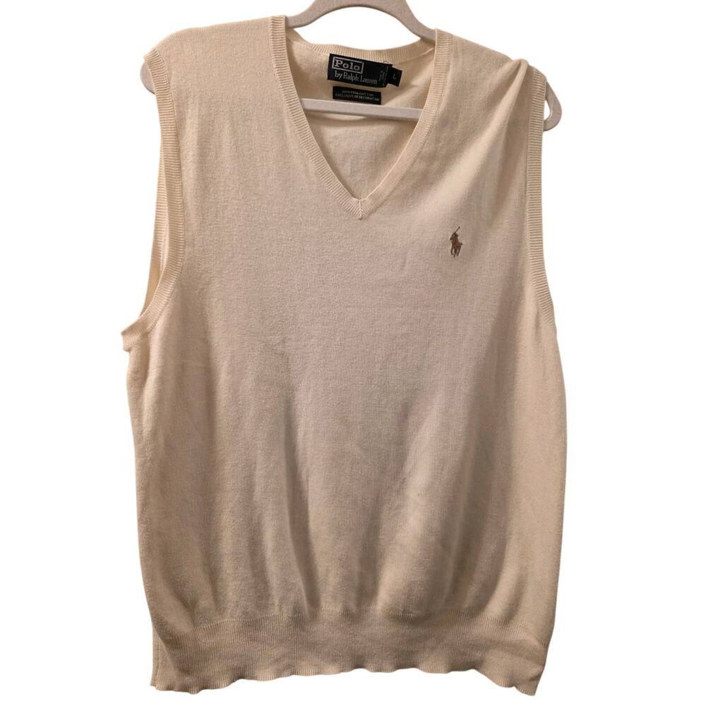 VTG Polo Ralph Lauren Sweater Vest Mens Ivory Knit Pima Cotton Flesh Pony L